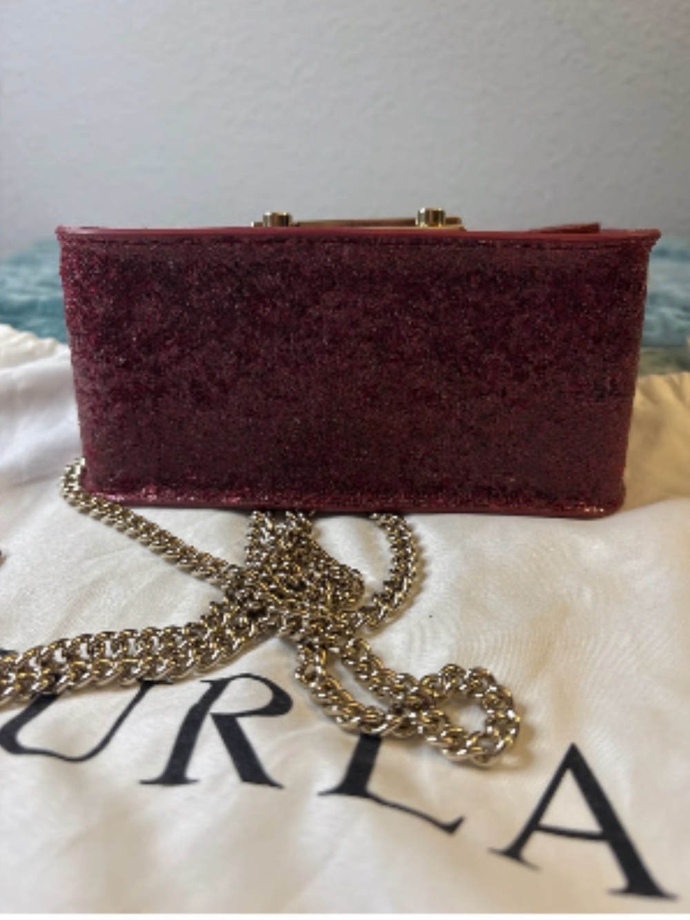 NWOT Furla Metropolis Wine Glitter Mini Crossbody Bag - Picture 5 of 10